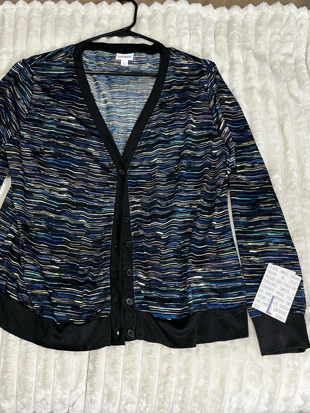 LuLaRoe Black Multicolor Striped V-Neck Button Cardigan